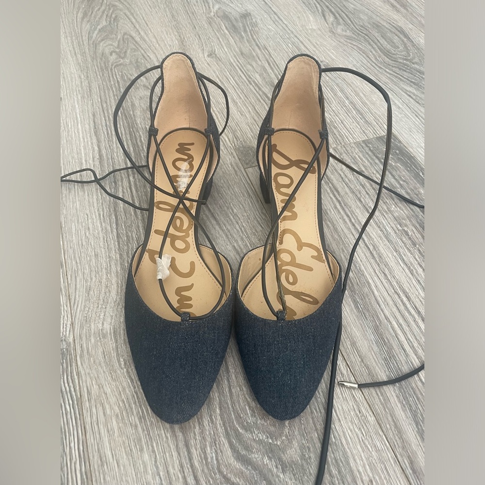 Sam Edelman denim blue block heels with ankle wrap